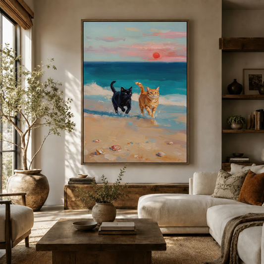 Beach cats sunset impasto oil painting canvas print displayed above sofa in warm living room