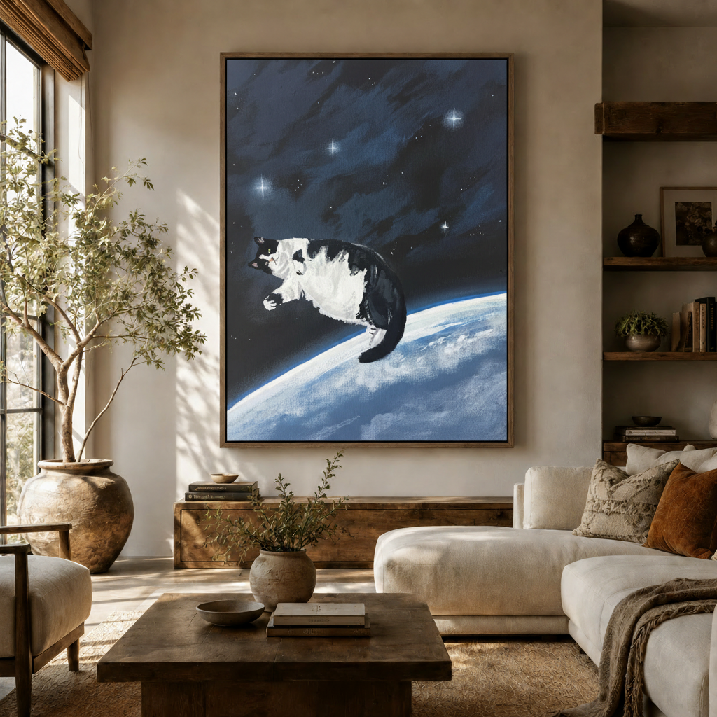 Space cat floating above Earth canvas art displayed in a cozy living room above a wooden sideboard