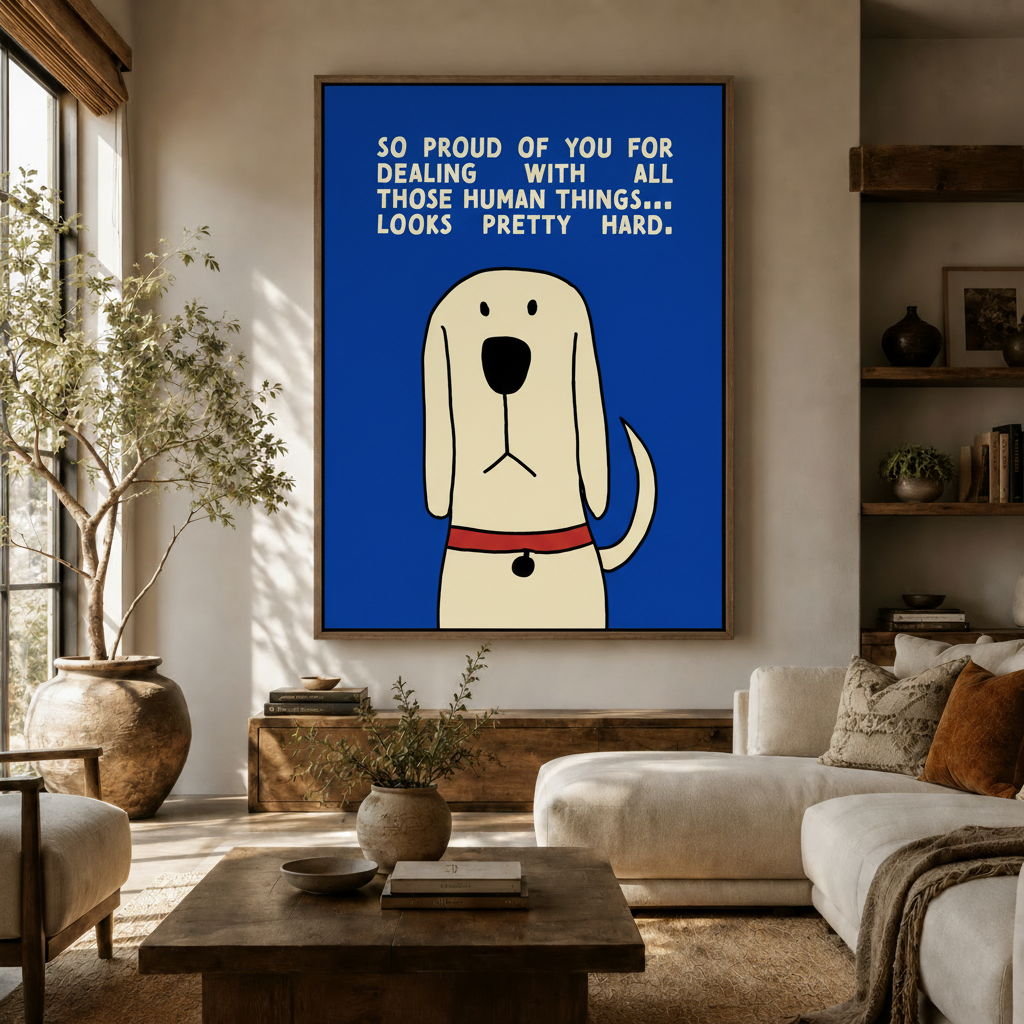 Funny dog quote canvas print displayed above sofa in warm earthy living room, royal blue background