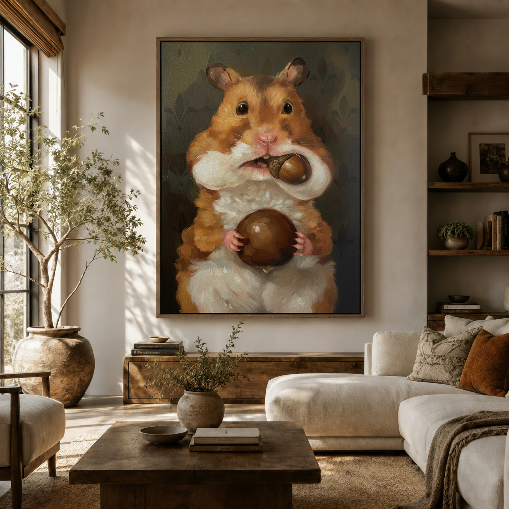 Classical hamster oil painting canvas print above wooden sideboard in warm neutral living room