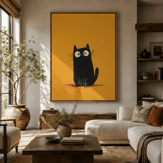 Whimsical black cat wall art hanging in a warm neutral living room above a wooden console