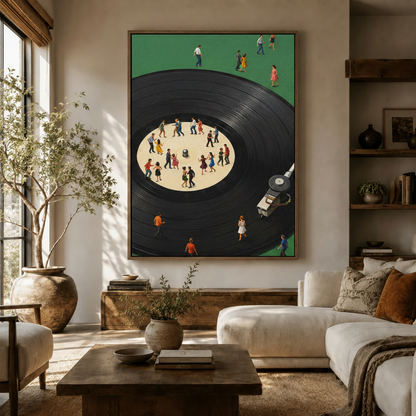 Surrealist vinyl record dance canvas print displayed in warm neutral living room above wooden sideboard