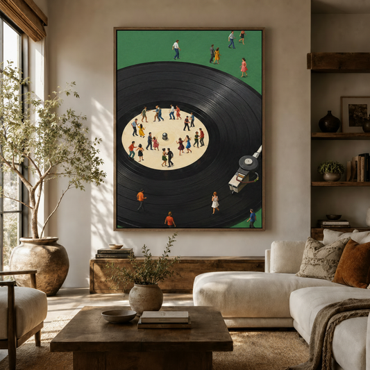 Surrealist vinyl record dance canvas print displayed in warm neutral living room above wooden sideboard
