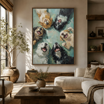 Framed dog canvas print styled in warm living room with olive tree, wooden console and neutral sofa