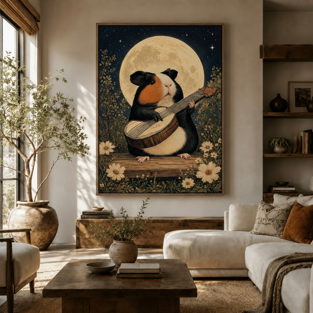 Folk art animal canvas print of guinea pig playing banjo styled in neutral living room decor