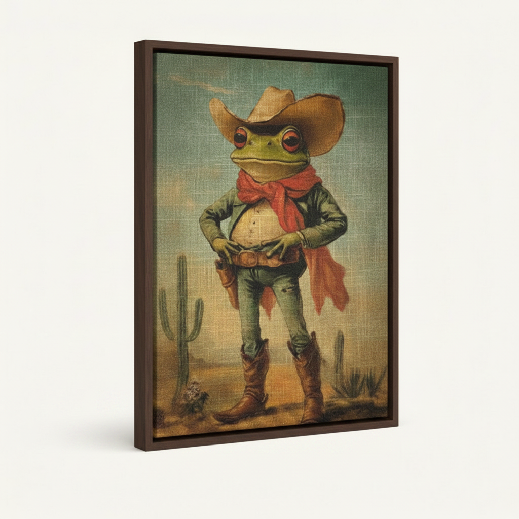 Cowboy frog framed canvas wall art – funny vintage oil painting of anthropomorphic frog in cowboy hat and boots in desert by Aurewall
