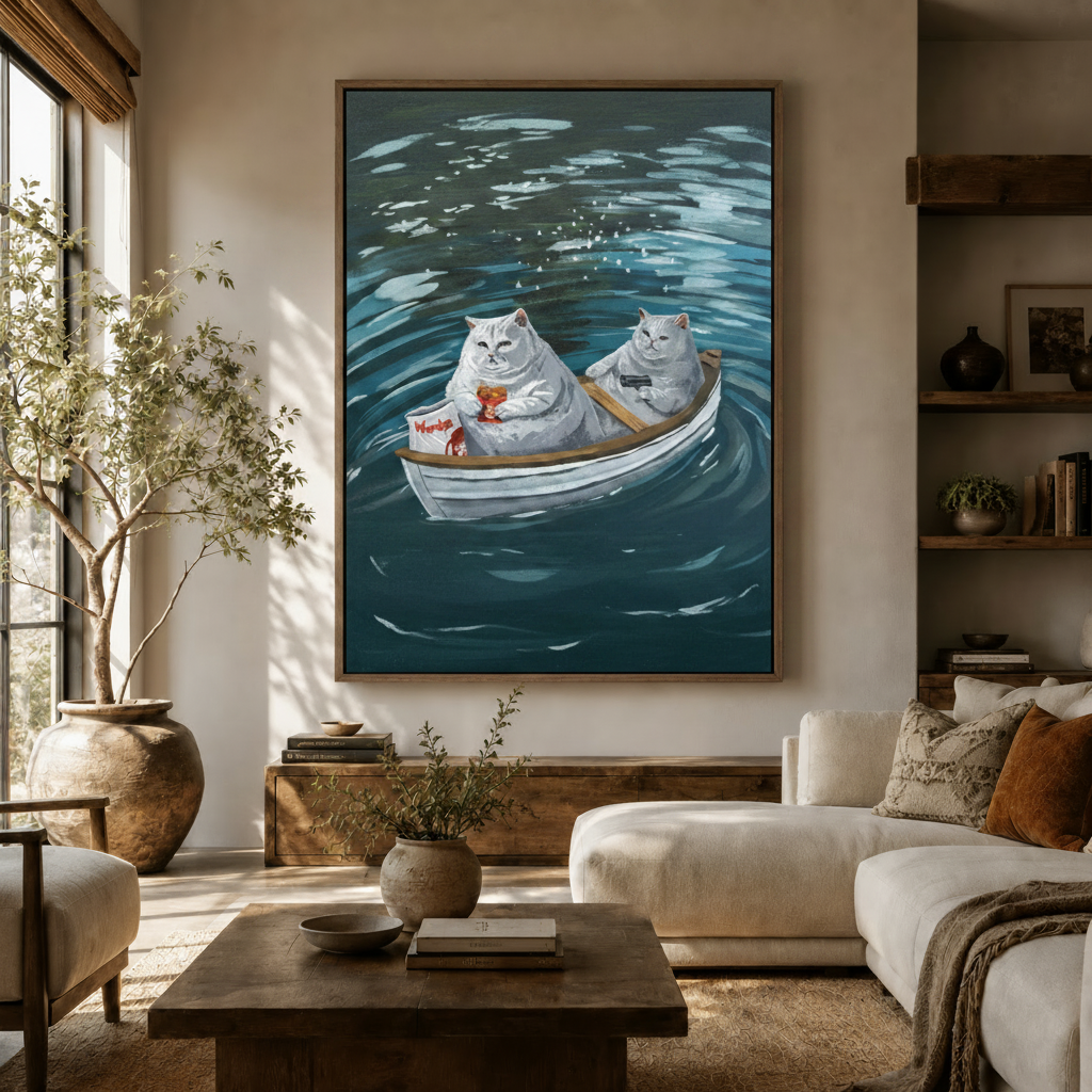 Funny fat cat canvas wall art displayed above sideboard in warm neutral living room