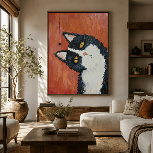Whimsical tuxedo cat oil painting canvas displayed in warm neutral living room above wooden sideboard