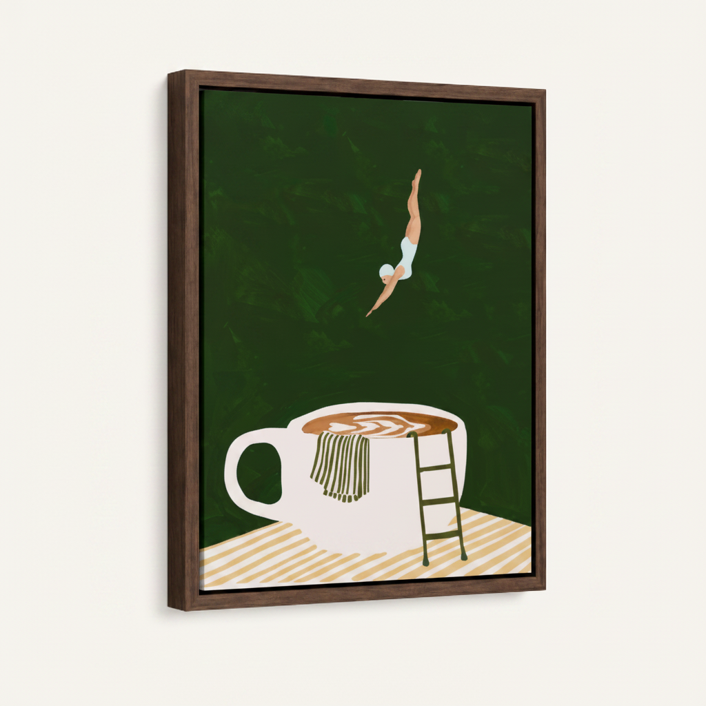 Coffee dive framed canvas wall art – funny minimalist illustration of figure jumping into oversized coffee mug on deep green background by Aurewall