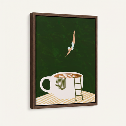Coffee dive framed canvas wall art – funny minimalist illustration of figure jumping into oversized coffee mug on deep green background by Aurewall
