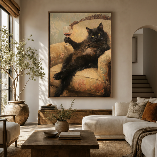 Black cat wine classical oil painting canvas wall art displayed above walnut sideboard in warm neutral living room