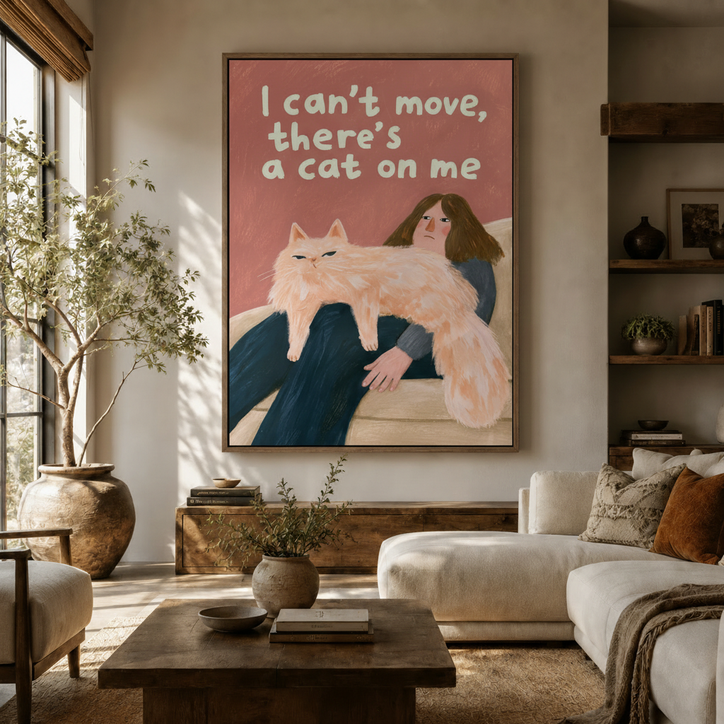 Funny cat illustration canvas print displayed in warm living room with olive tree and neutral sofa