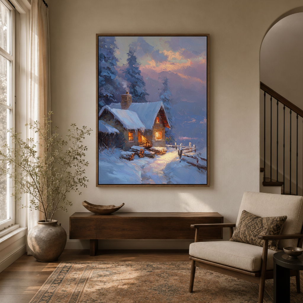 Winter cabin snowy night canvas wall art in entryway – cozy impressionist landscape painting as warm welcoming hallway piece by Aurewall