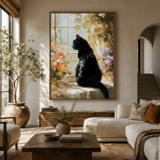 Black cat floral impressionist canvas wall art displayed in a warm neutral living room above a walnut sideboard
