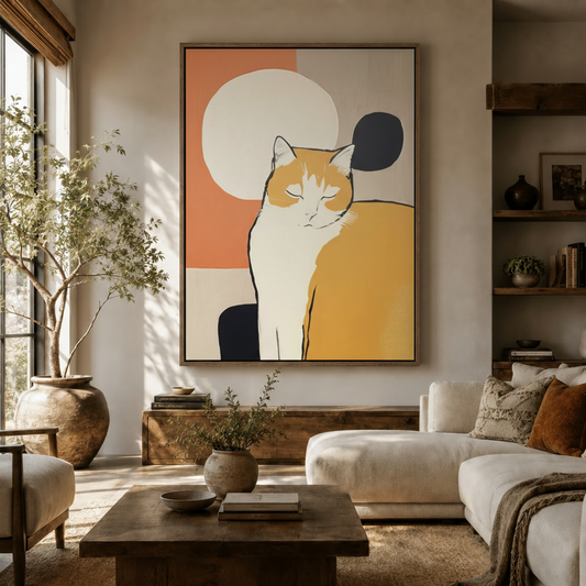 Abstract cat geometric canvas wall art in dark walnut float frame displayed in a warm neutral living room