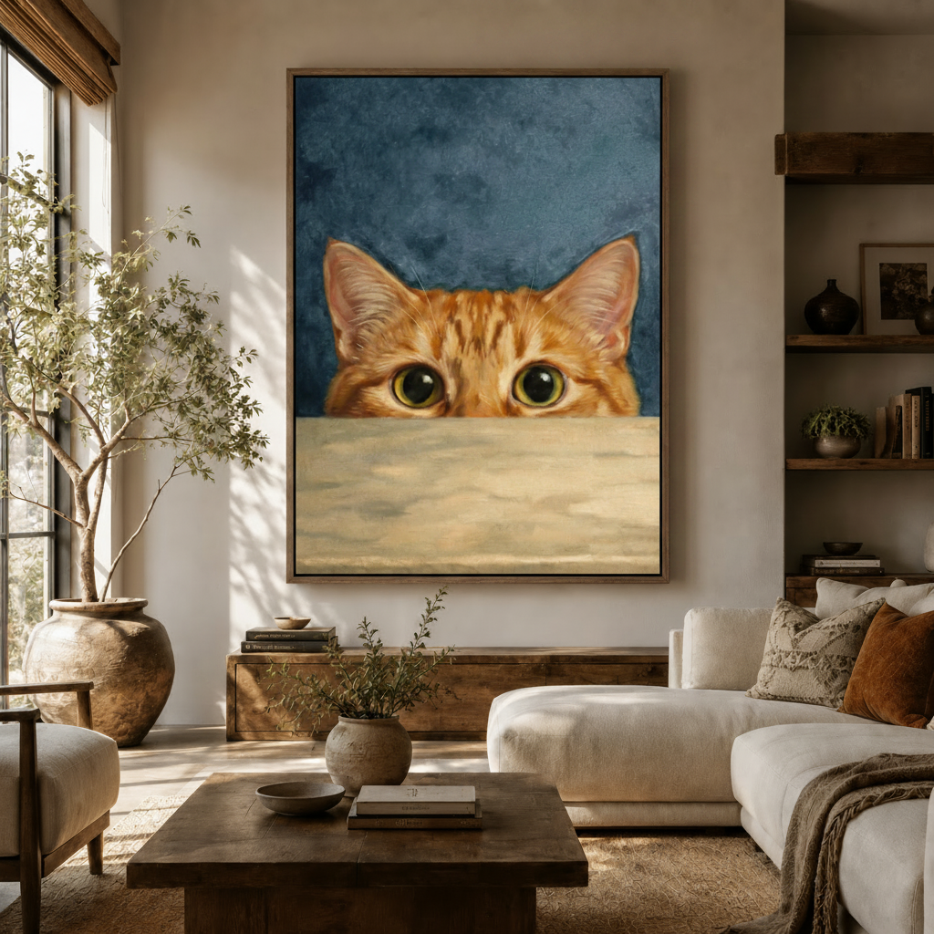  Peeking cat realist oil painting canvas print displayed above sofa in warm earthy living room