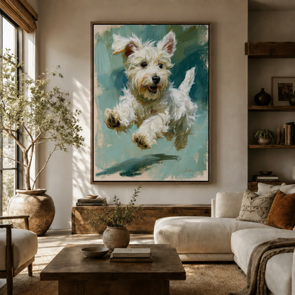 Westie dog oil painting canvas print hanging in a warm Japandi living room above a wooden sideboard