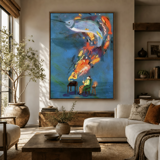 Surrealist ocean dream canvas wall art displayed above sofa in warm neutral living room