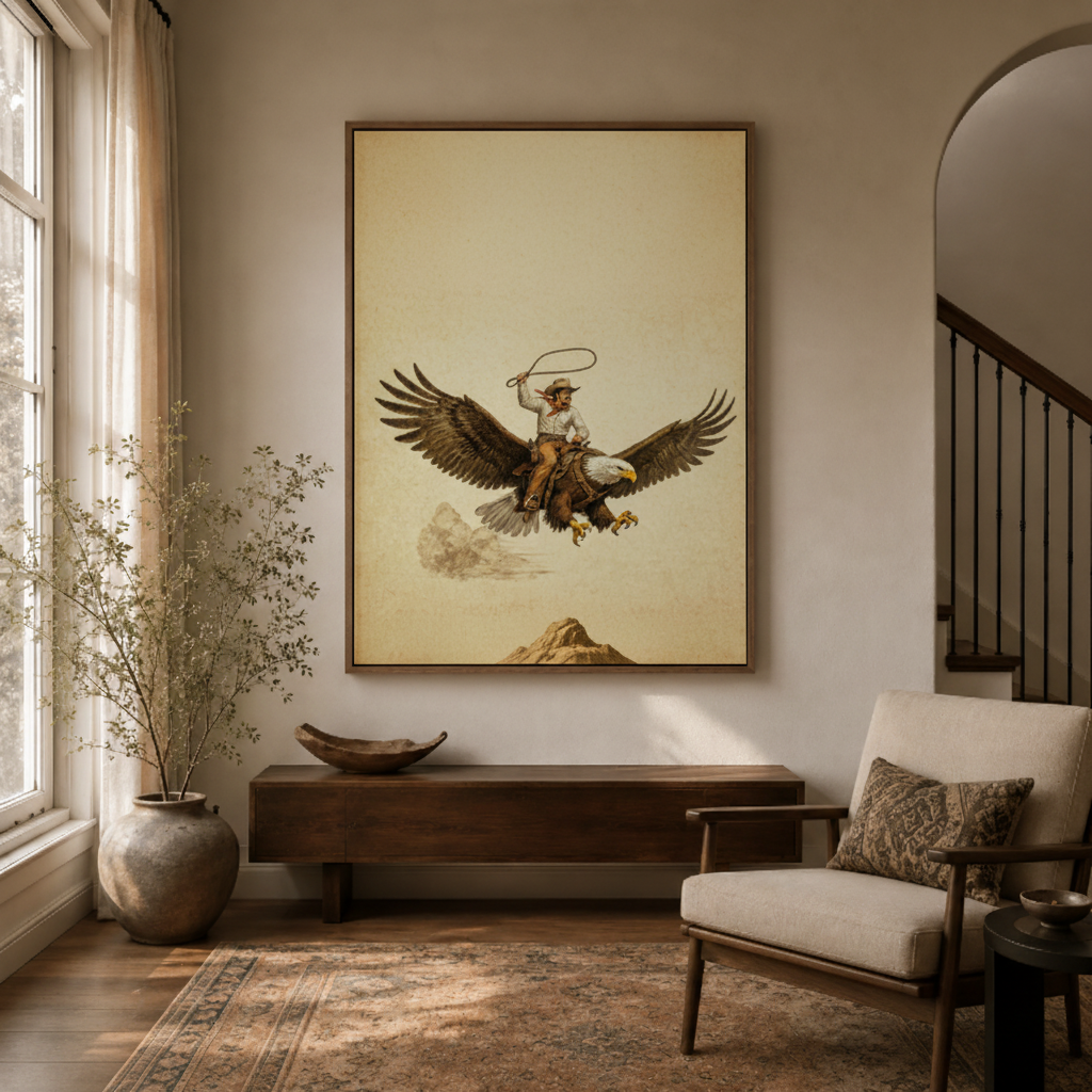 Cowboy riding eagle vintage western canvas wall art in entryway – retro sepia illustration with cowboy on eagle as striking American hallway piece by Aurewall