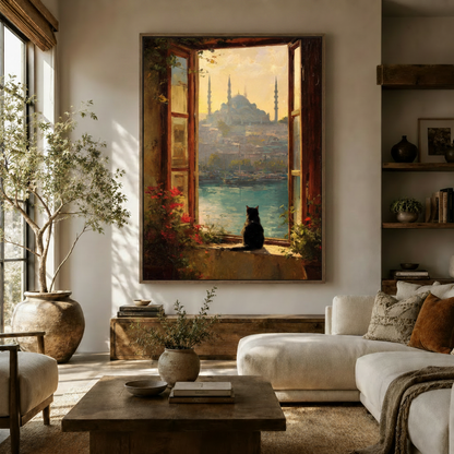 Impressionist Istanbul cat canvas print displayed in a warm Japandi living room above a wooden sideboard