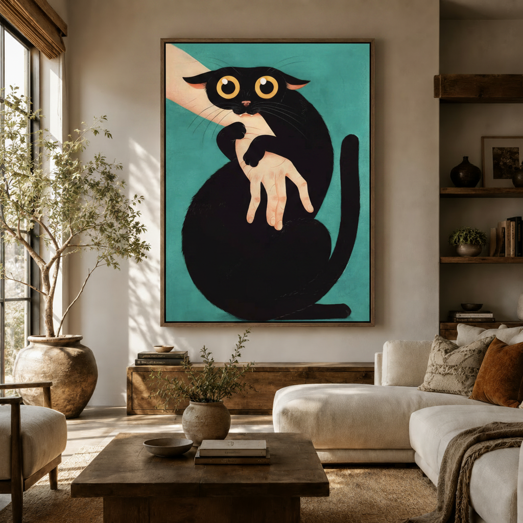 Funny black cat graphic illustration canvas print displayed in warm neutral living room setting