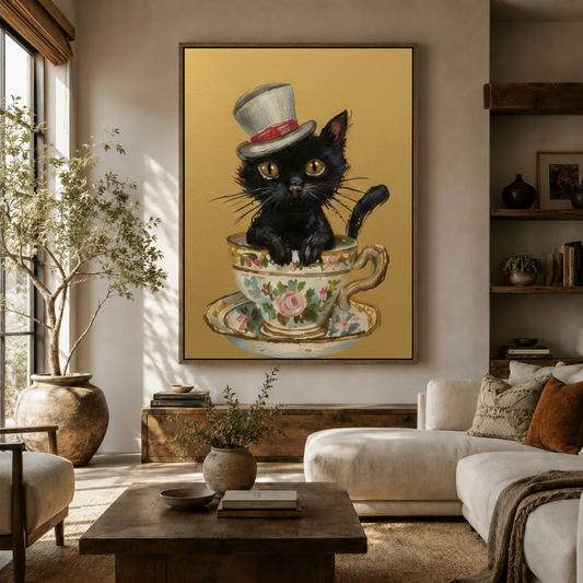 Whimsical black cat in teacup Victorian canvas art hanging in a warm neutral living room