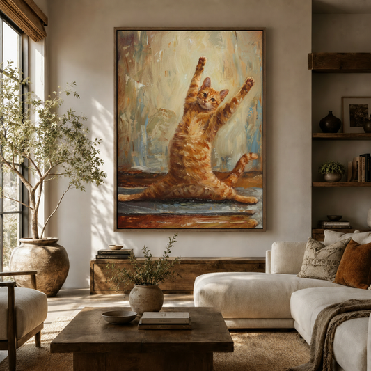 Yoga cat impressionist oil painting canvas print displayed above sofa in warm living room