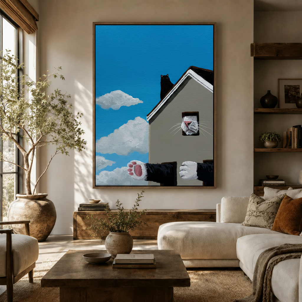 Whimsical cats rooftop canvas wall art displayed above a wooden sideboard in a warm living room