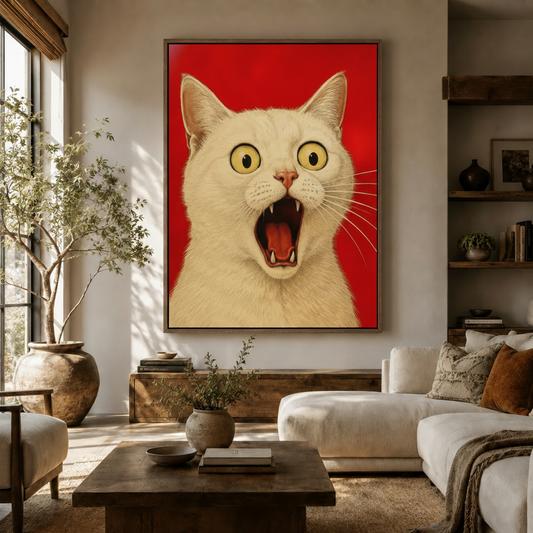 Hyperrealistic shocked white cat canvas print displayed above wooden console in warm neutral living room