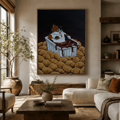 Funny cat chocolate bath canvas in walnut frame, displayed in a warm neutral living room with white sofa