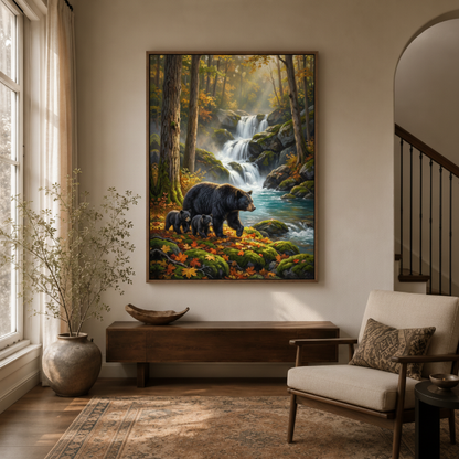 Black bear family wildlife canvas wall art in cabin entryway – autumn forest nature painting as warm rustic statement piece by Aurewall