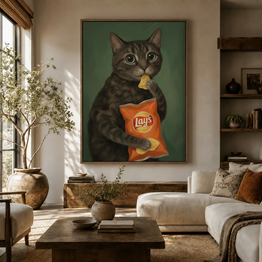 Funny cat eating Lay's chips portrait canvas wall art displayed in a cozy living room above a sofa
