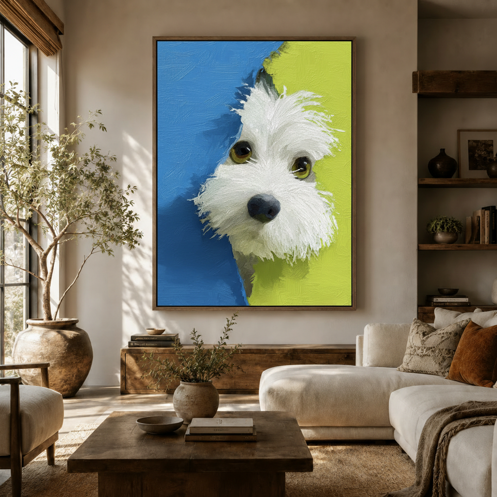 Peeking white dog oil painting canvas wall art displayed above a wooden sideboard in a warm neutral living room