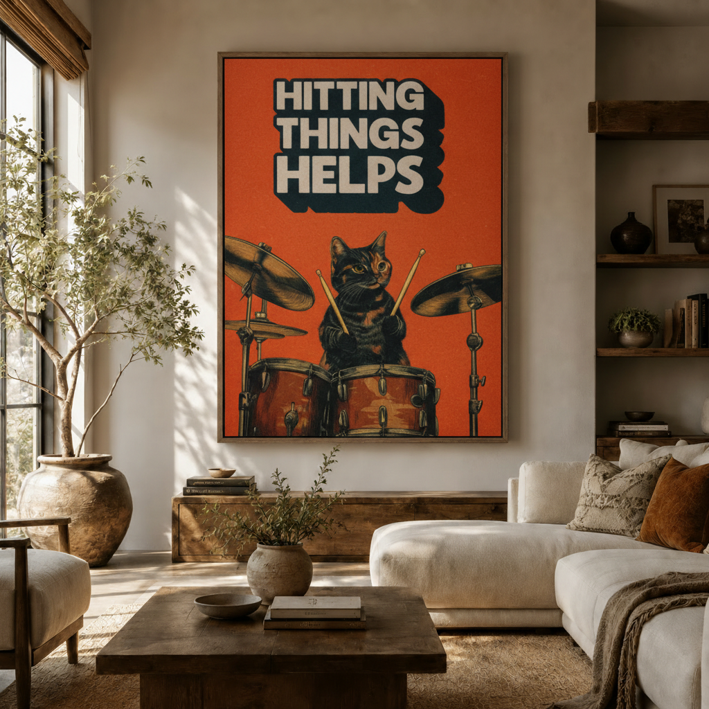 Funny cat drummer retro canvas wall art in orange-red displayed in a warm modern living room