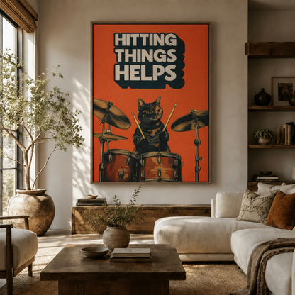 Funny cat drummer retro canvas wall art in orange-red displayed in a warm modern living room