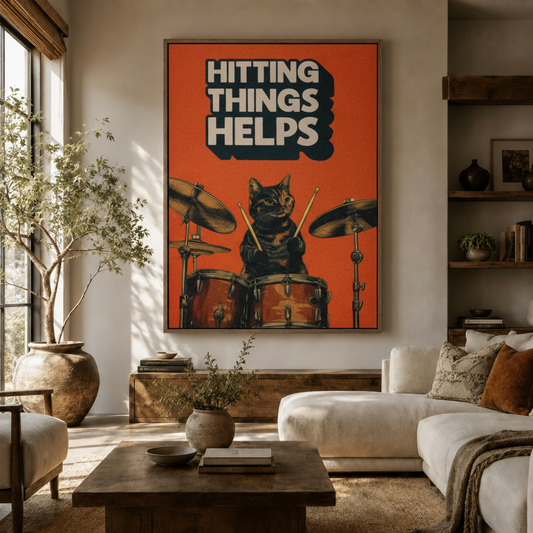 Funny cat drummer retro canvas wall art in orange-red displayed in a warm modern living room