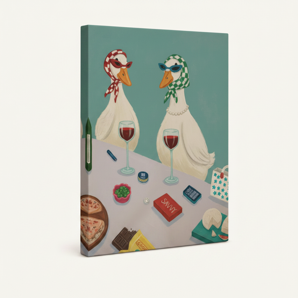 Unframed canvas print of two fancy ducks in headscarves drinking red wine, flat illustration style