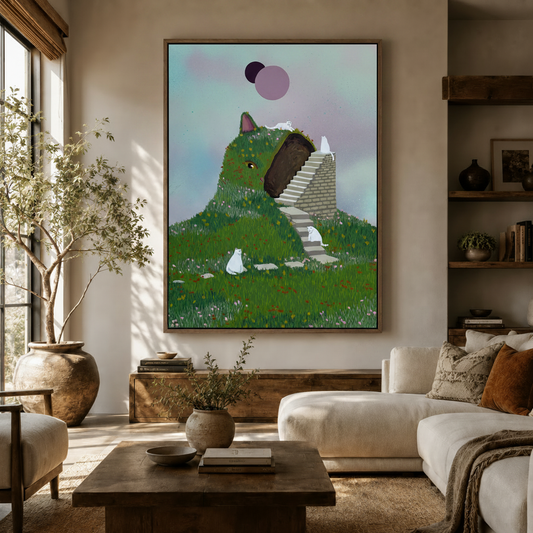 Whimsical cat hill canvas art displayed in a bright living room with white sofa and natural light