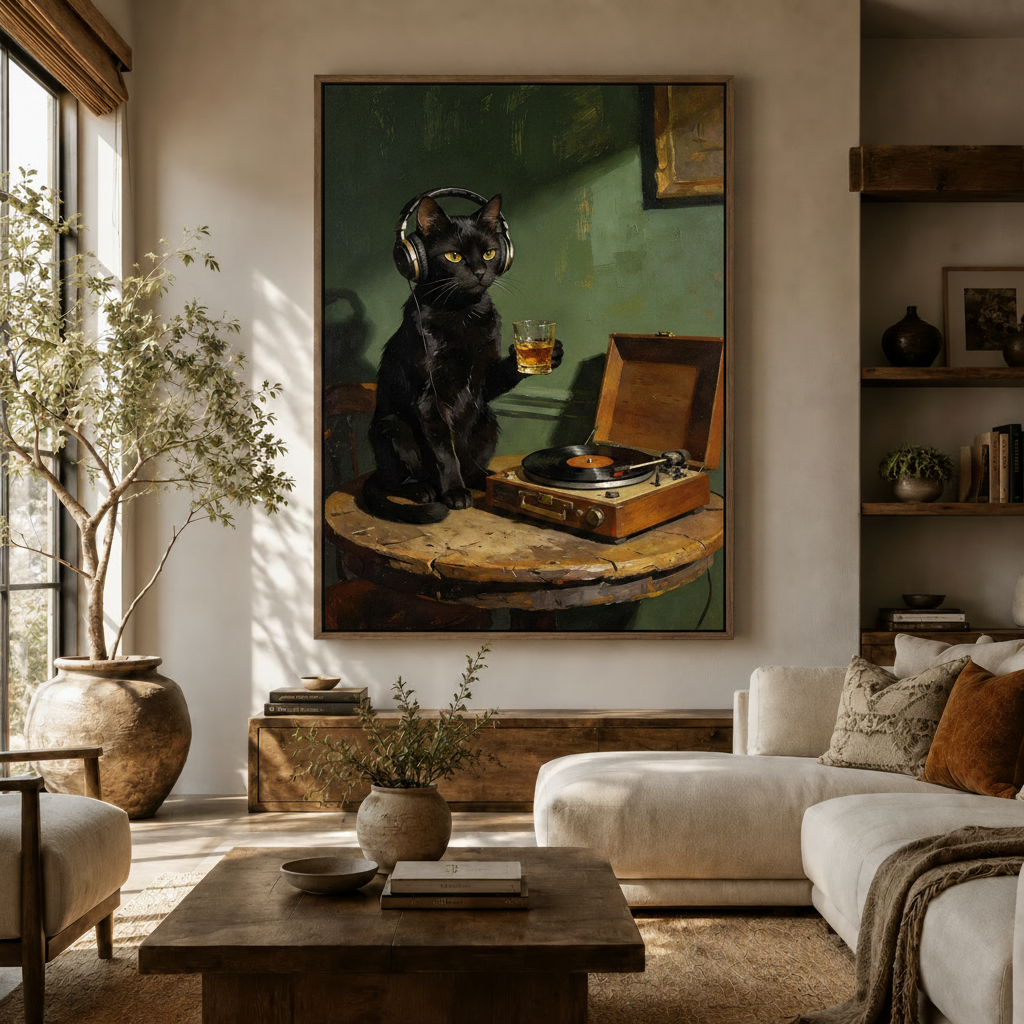 Black cat oil painting canvas wall art displayed in warm neutral living room with olive tree and white sofa