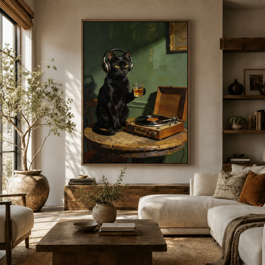 Black cat oil painting canvas wall art displayed in warm neutral living room with olive tree and white sofa
