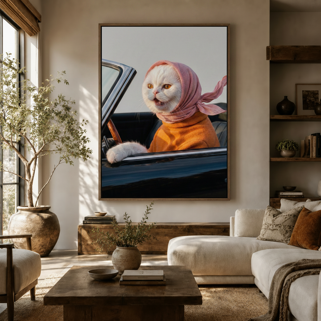 White cat in pink headscarf driving a black vintage convertible, framed canvas in warm living room