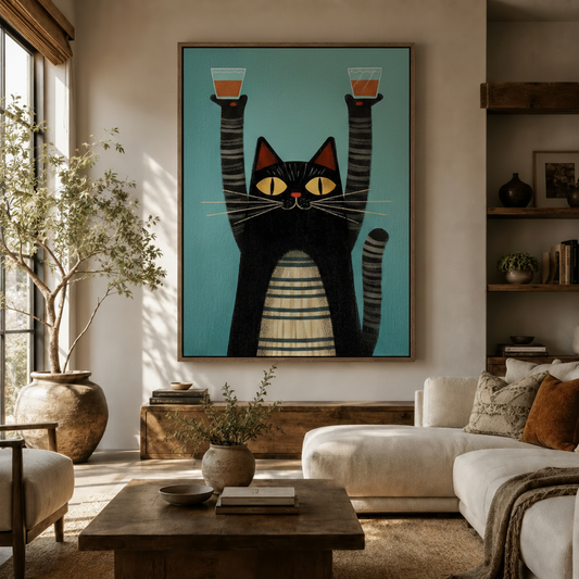 Retro tuxedo cat whiskey canvas wall art displayed above sideboard in warm neutral living room