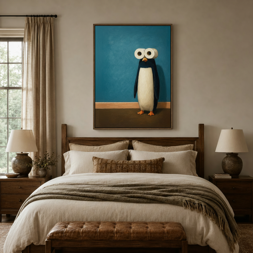 Funny penguin oil painting canvas wall art displayed above a walnut bed headboard in a cozy neutral bedroom