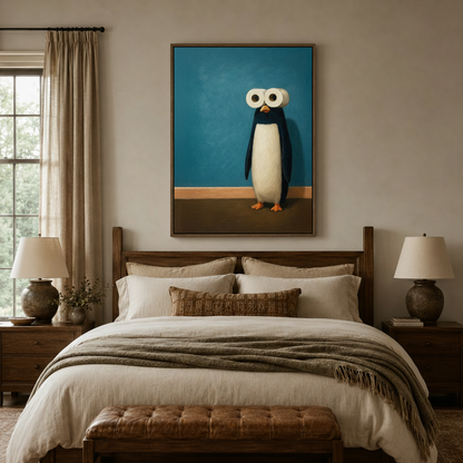 Funny penguin oil painting canvas wall art displayed above a walnut bed headboard in a cozy neutral bedroom