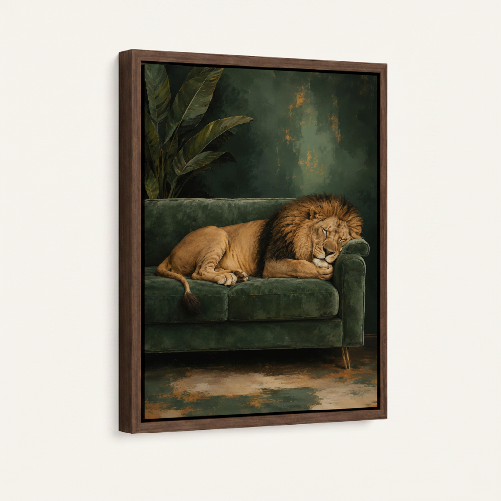 Lion on sofa framed canvas wall art – funny classical oil painting of regal lion lounging on dark green velvet couch by Aurewall