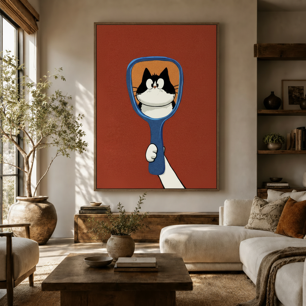  Retro cartoon cat mirror canvas print displayed above sofa in warm earthy living room