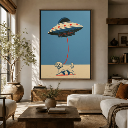 Retro pop art canvas print of UFO walking a fluffy dog displayed in a warm modern living room