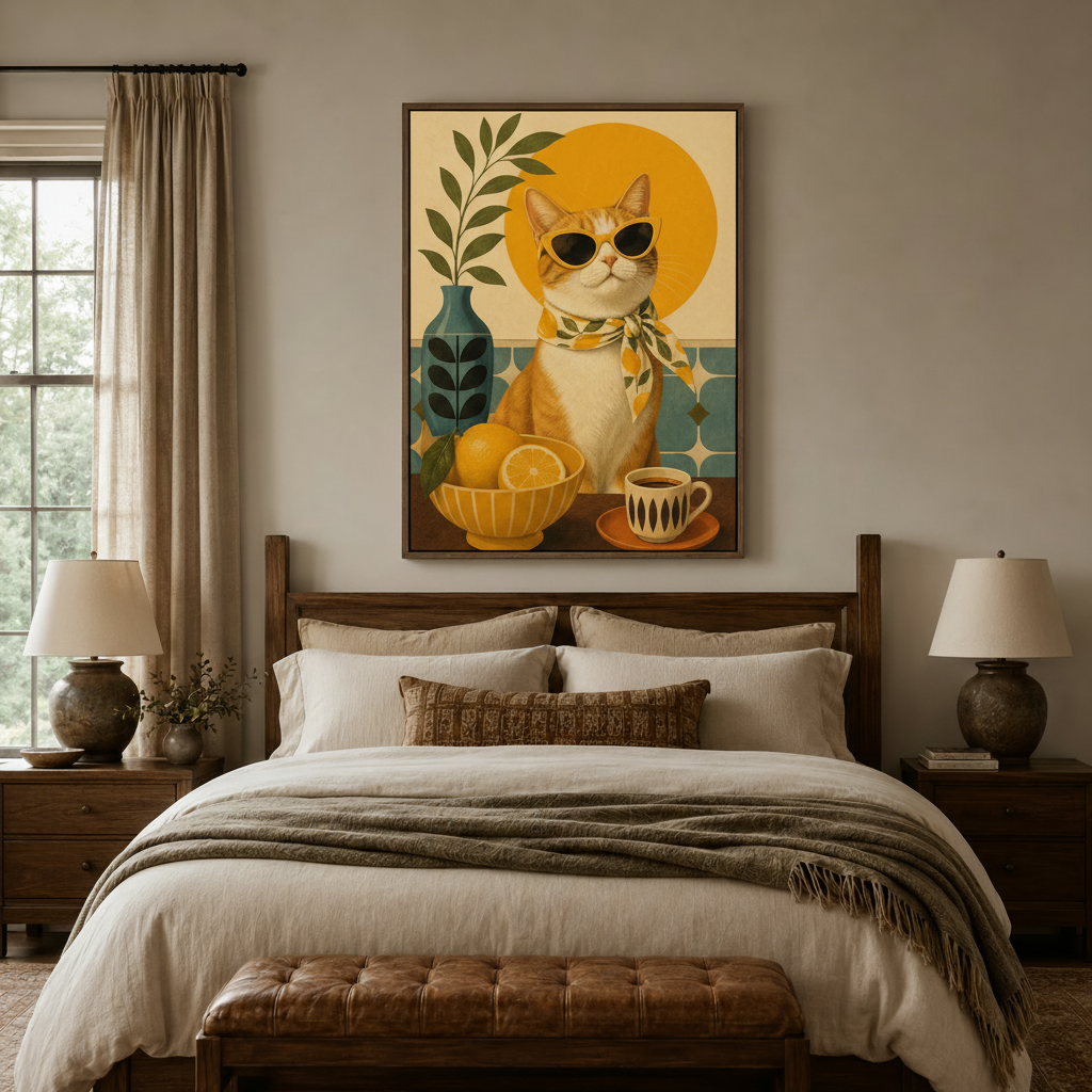 Mid-century cool cat canvas wall art displayed above bed in warm neutral bedroom