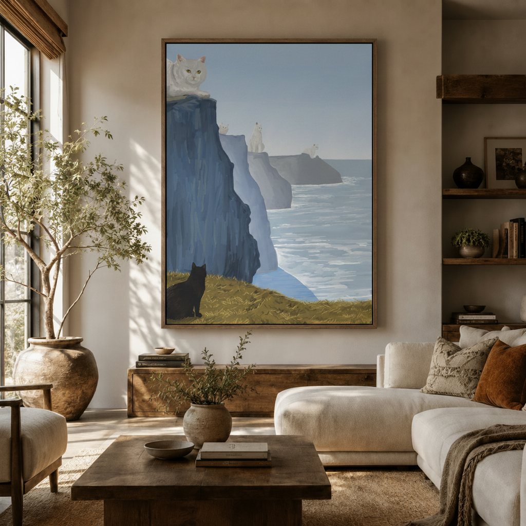White cats on coastal cliffs modern flat illustration canvas in warm living room setting