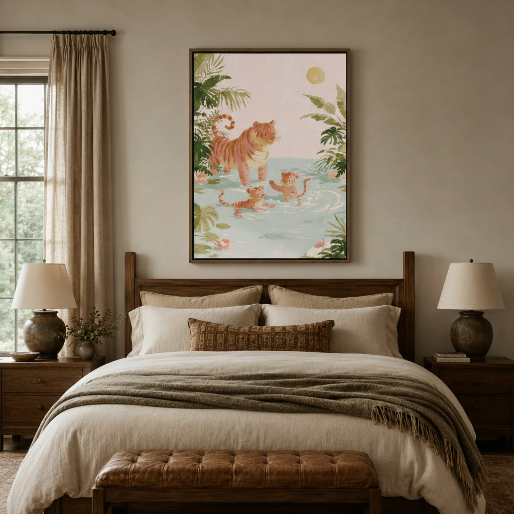 Tiger family tropical watercolor canvas print displayed above wooden bed headboard in cozy bedroom